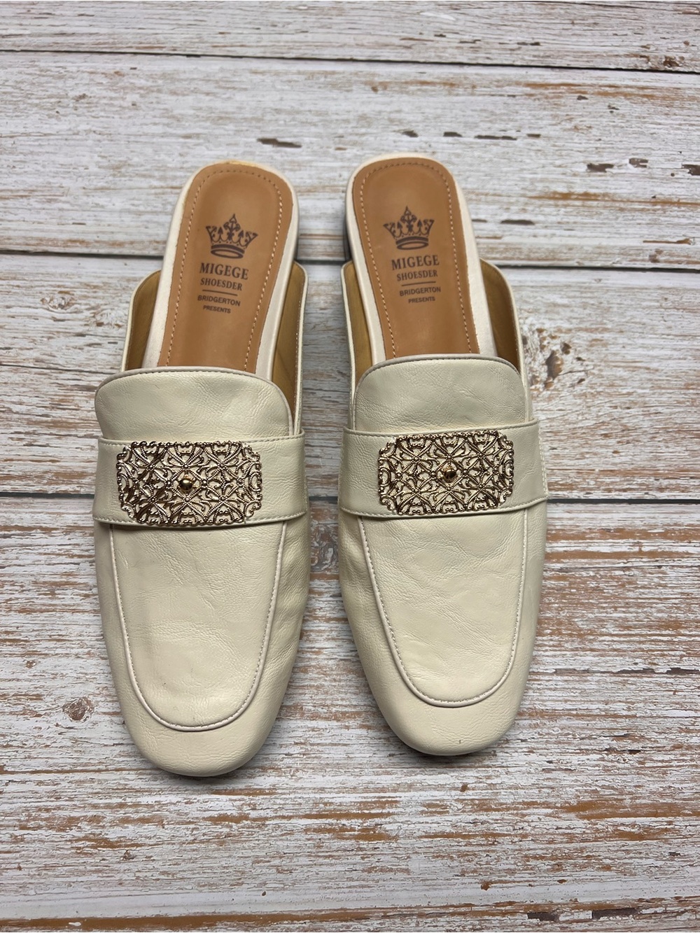Cream Slip-On Loafer Mules with Gold Accent